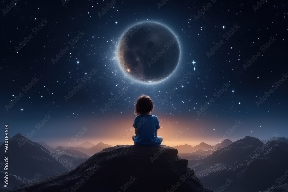 Landscape with child on the back looking at the moon, concept of dreams, digital illustration. Generative AI