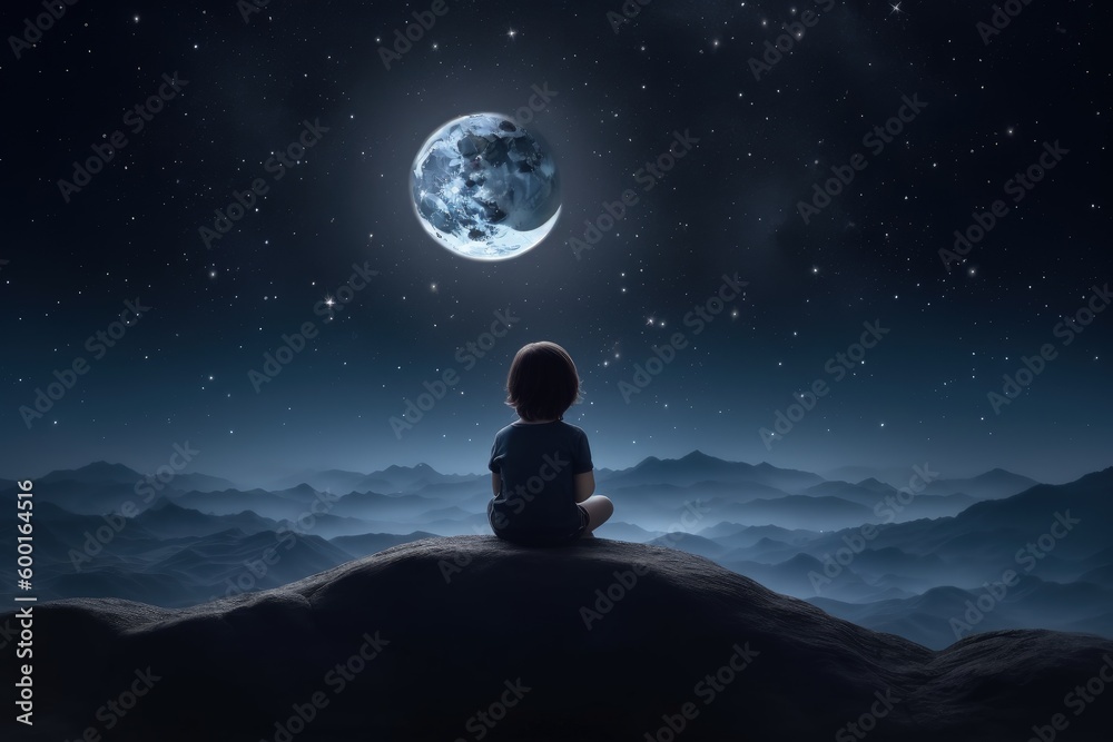 Landscape with child on the back looking at the moon, concept of dreams, digital illustration. Generative AI Landscape with child on the back looking at the moon, concept of dreams, digital illustration. Generative AI
