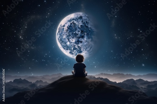 Landscape with child on the back looking at the moon, concept of dreams, digital illustration. Generative AI