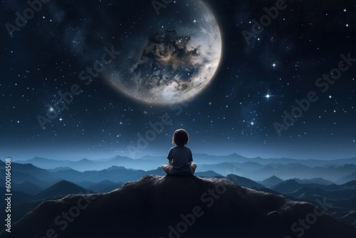 Landscape with child on the back looking at the moon  concept of dreams  digital illustration. Generative AI