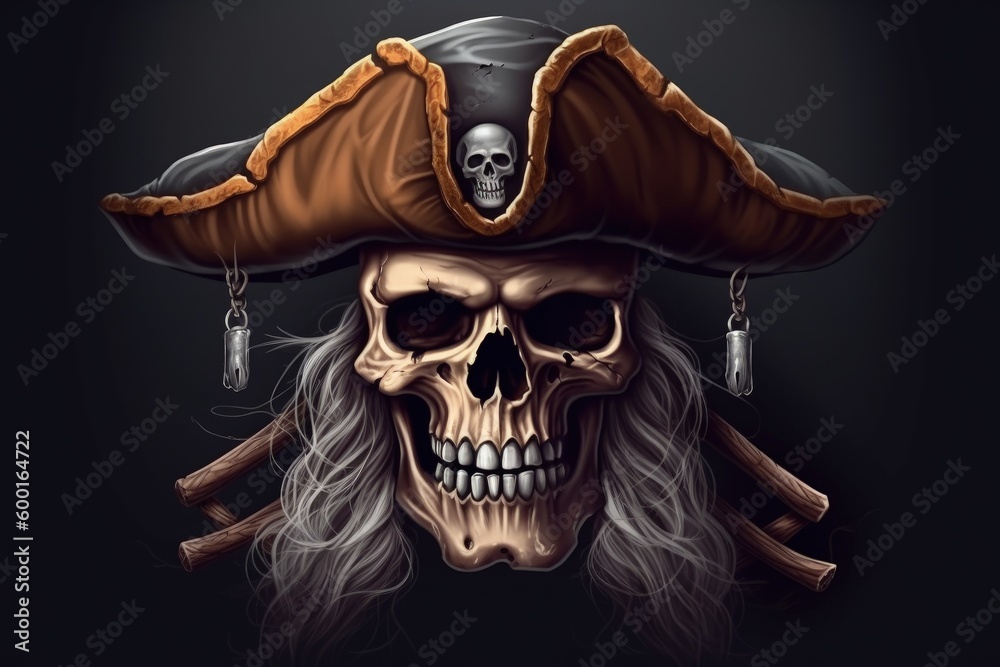 Obraz premium Skull of a pirate with hat, black background digital illustration. Generative AI