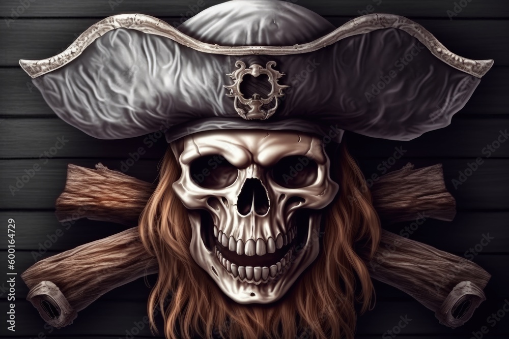 Fototapeta premium Skull of a pirate with hat, black background digital illustration. Generative AI