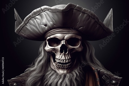Skull of a pirate with hat, black background digital illustration. Generative AI © Deivison