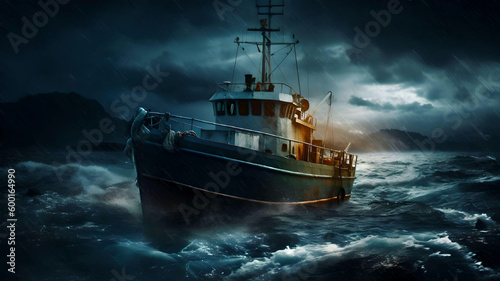 fishing boat on a stormy sea at sunset - generative AI