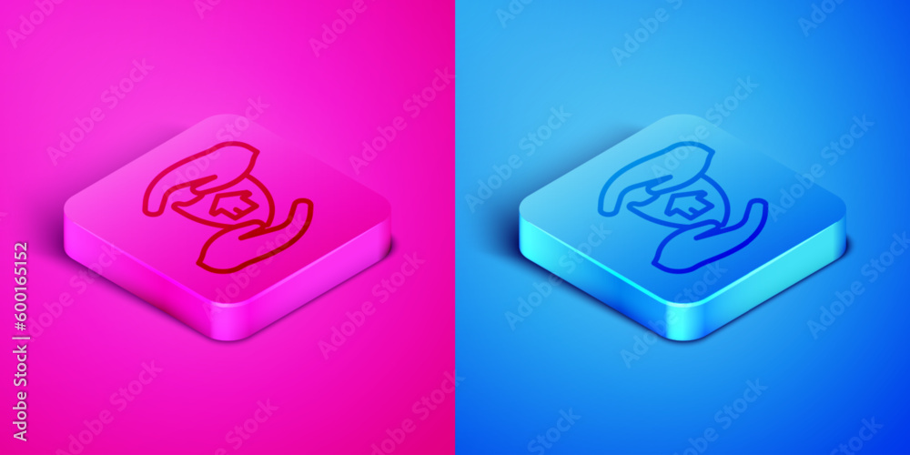 Isometric line House with shield icon isolated on pink and blue background. Insurance concept. Security, safety, protection, protect concept. Square button. Vector Isometric line House with shield icon isolated on pink and blue background. Insurance concept. Security, safety, protection, protect concept. Square button. Vector