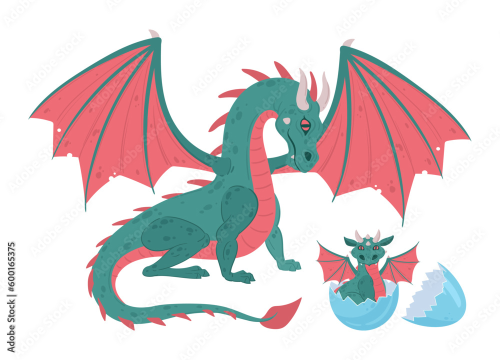 Fototapeta premium Cartoon dragon mom with cute baby. Winged medieval mother dragon and newborn dragon child flat vector illustration