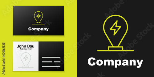 Logotype line Charging parking electric car icon isolated on black background. Logo design template element. Vector