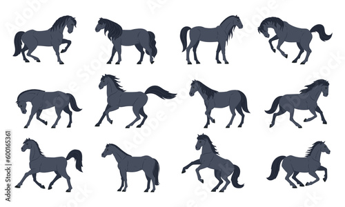 Cartoon black horses. Domestic graceful animals, farm or ranch horses flat vector illustration set. Thoroughbred horses collection