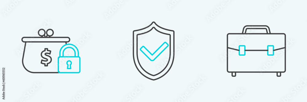 Set line Briefcase, Closed wallet with lock and Shield check mark icon. Vector Set line Briefcase, Closed wallet with lock and Shield check mark icon. Vector