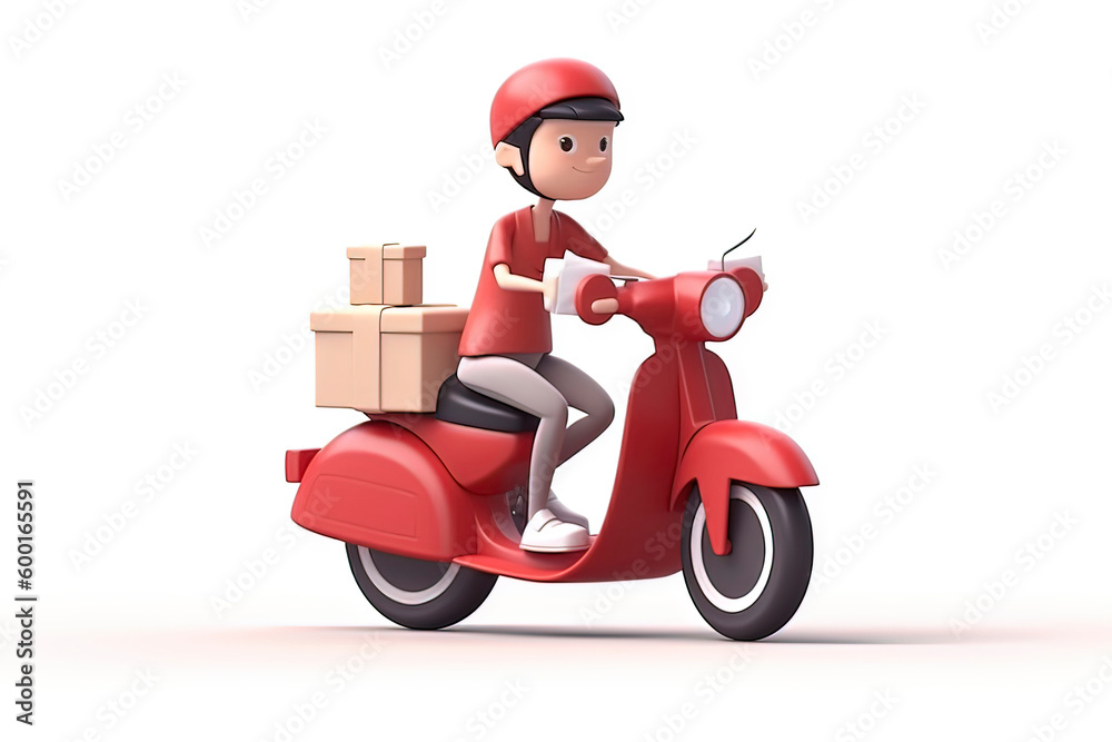 3D cartoon, courier riding a motorcycle to deliver the package. AI technology generated image