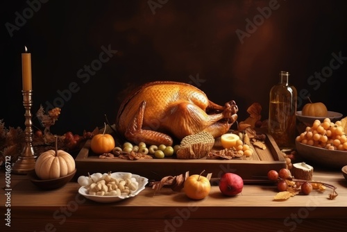Thanksgiving dinner with poultry and ornaments of pumpkins and cranberries, in the style of gold and beige, thai art, minimalist backgrounds, created with generative ai