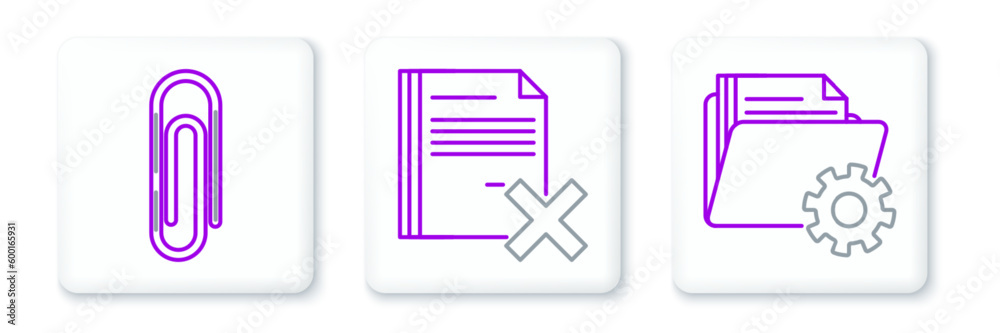 Set line Folder settings with gears, Paper clip and Delete file document icon. Vector Set line Folder settings with gears, Paper clip and Delete file document icon. Vector
