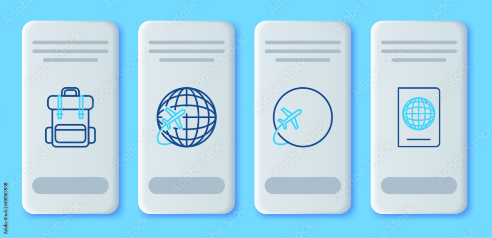 Set line Globe with flying plane, Hiking backpack and Passport biometric data icon. Vector