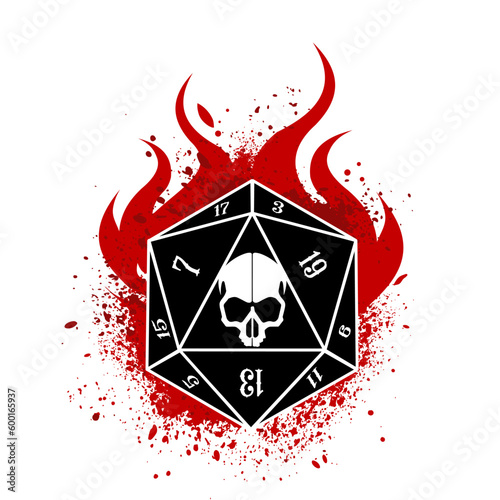  critical 1, D20 dice with scull , rpg dice, rpg game, vector illustration photo