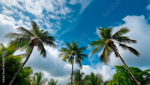 Natural tropical landscape with palm trees and sun. High quality illustration Generative AI