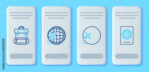 Set line Globe with flying plane, Hiking backpack and Passport biometric data icon. Vector