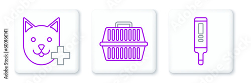 Set line Medical digital thermometer, Veterinary clinic symbol and Pet carry case icon. Vector