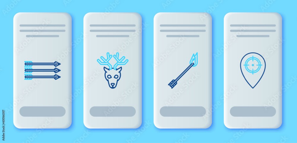 Set line Deer head with antlers, Flame arrow, Hipster arrows and Hunt place icon. Vector