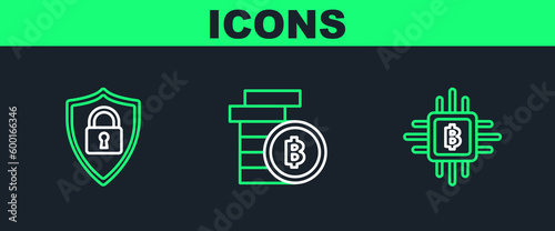 Set line CPU mining farm, Shield security with lock and Cryptocurrency coin Bitcoin icon. Vector