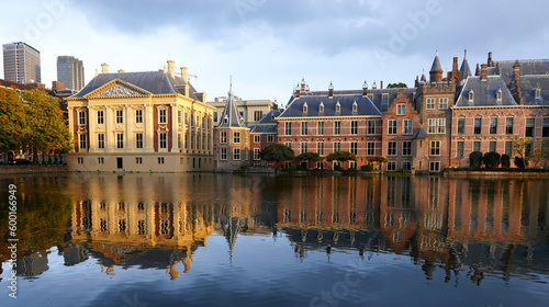The historic Binnenhof Dutch Parliament building and Mauritshuis art museum in central Den Haag, Netherlands. photo