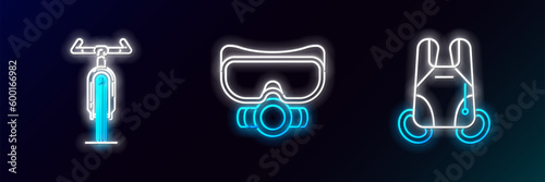 Set line Parachute, Bicycle and Diving mask icon. Glowing neon. Vector