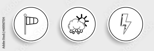 Set line Lightning bolt, Cone meteorology windsock wind vane and Cloud with rain and sun icon. Vector