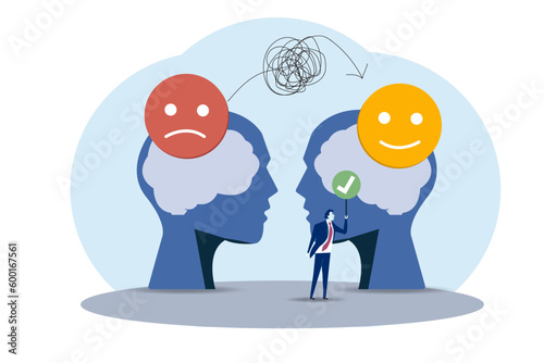 Businessman positive thoughts shift from feeling sad. Optimism and the power of mind to change mood, behavior, decision-making powers