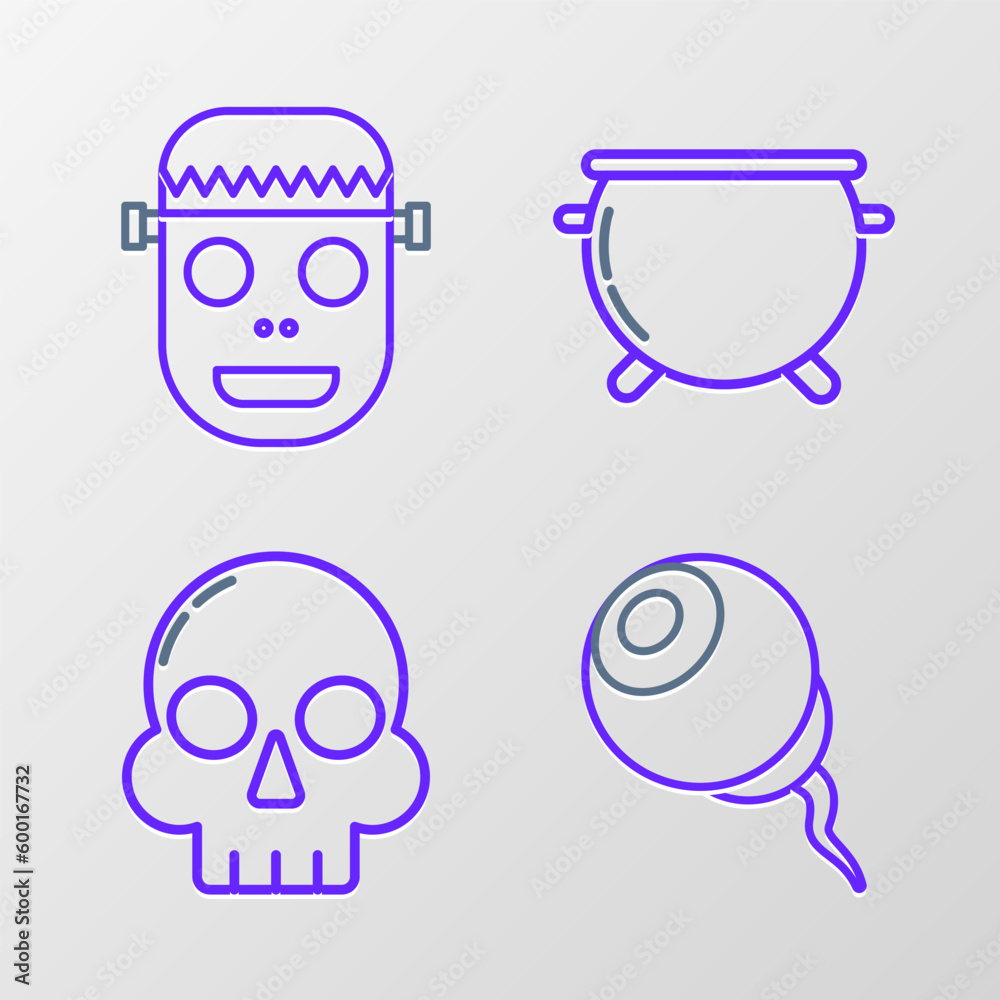 Obraz premium Set line Eye, Skull, Halloween witch cauldron and Zombie mask icon. Vector
