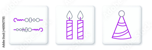 Set line Party hat, Grilled shish kebab and Birthday cake candles icon. Vector