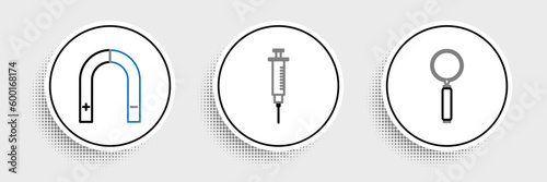 Set line Magnifying glass, Magnet and Syringe icon. Vector