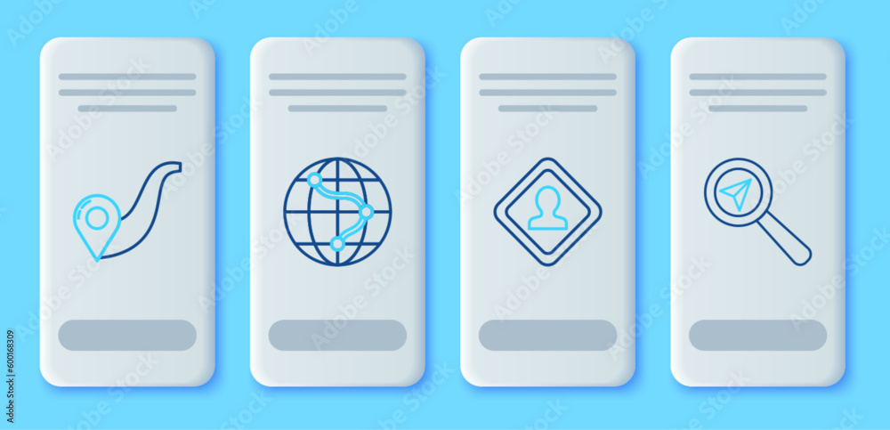 Set line Monitor and folded map with location, Road traffic sign, Route and Search icon. Vector Set line Monitor and folded map with location, Road traffic sign, Route and Search icon. Vector