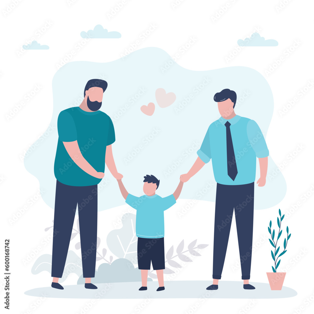 Same sex adoption. Happy married LGBT couple, adoption concept. Gay parents adopted cute boy. Equality, freedom. Relationship, same sex family with son. Same sex adoption. Happy married LGBT couple, adoption concept. Gay parents adopted cute boy. Equality, freedom. Relationship, same sex family with son.