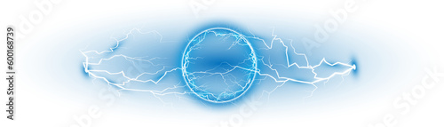 Blue ball lightning on a transparent background. Abstract electric lightning strike. Light flash, thunder, spark. PNG.
 photo