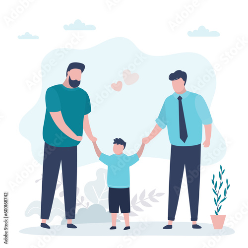 Same sex adoption. Happy married LGBT couple, adoption concept. Gay parents adopted cute boy. Equality, freedom. Relationship, same sex family with son.