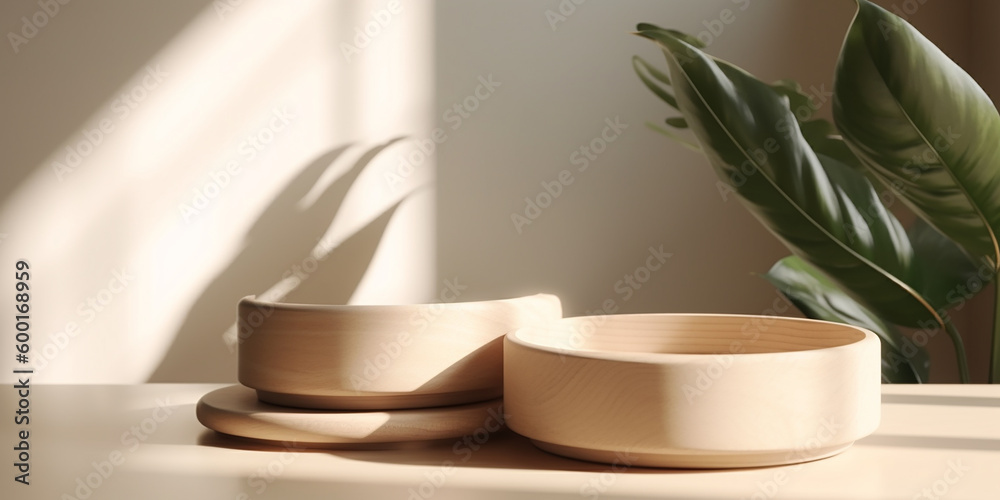 Two minimal modern wooden round tray podium on white glossy table counter in sunlight leaf shadow on beige wall background with generative AI technology