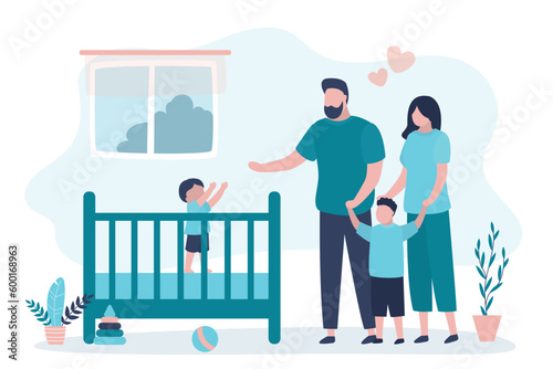Family adopts an infant child from orphanage. Parents with two children. Parents love. Traditional family, child care. Adopted children find family. Love couple with adopted kids.