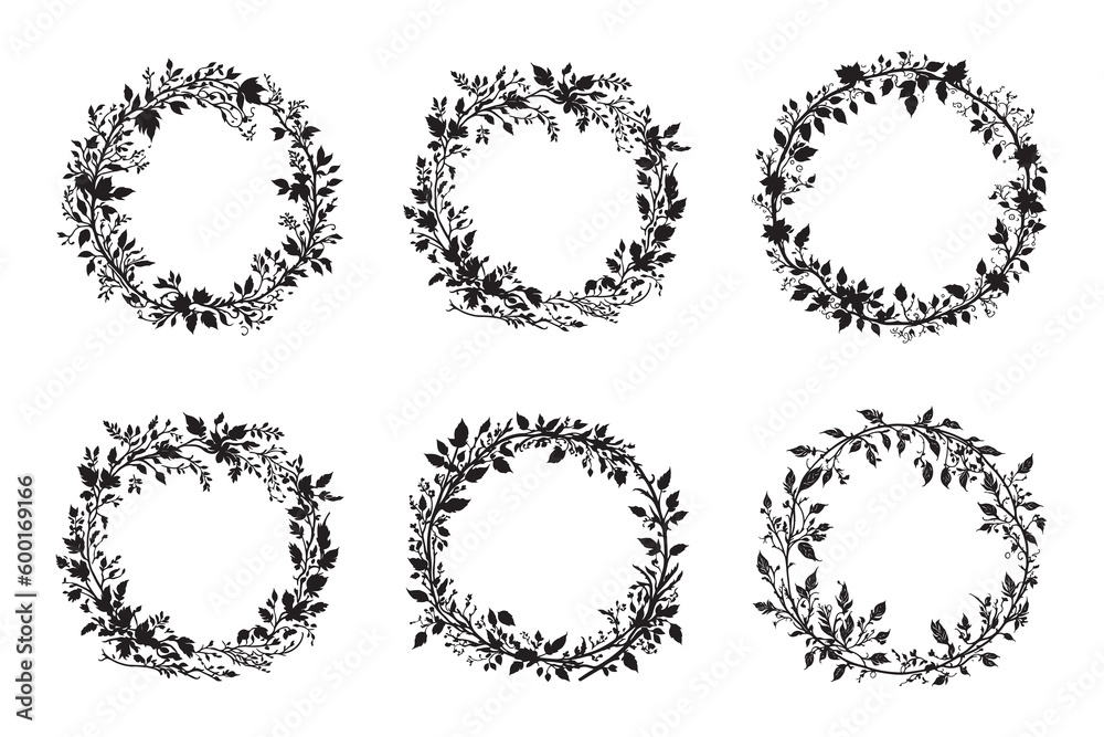 Set of frames, Hand drawn vintage floral borders, frames with flowers, branches and leaves black silhouette vector