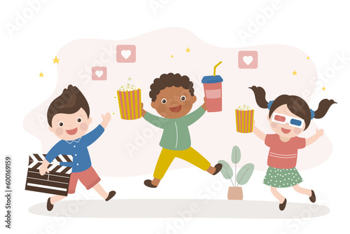 Happy kids are going to cinema watch movie. Multiethnic friends with popcorn, drink and stereo glasses for watching 3d movie. Weekend, entertainment time. Fun, pastime to children.