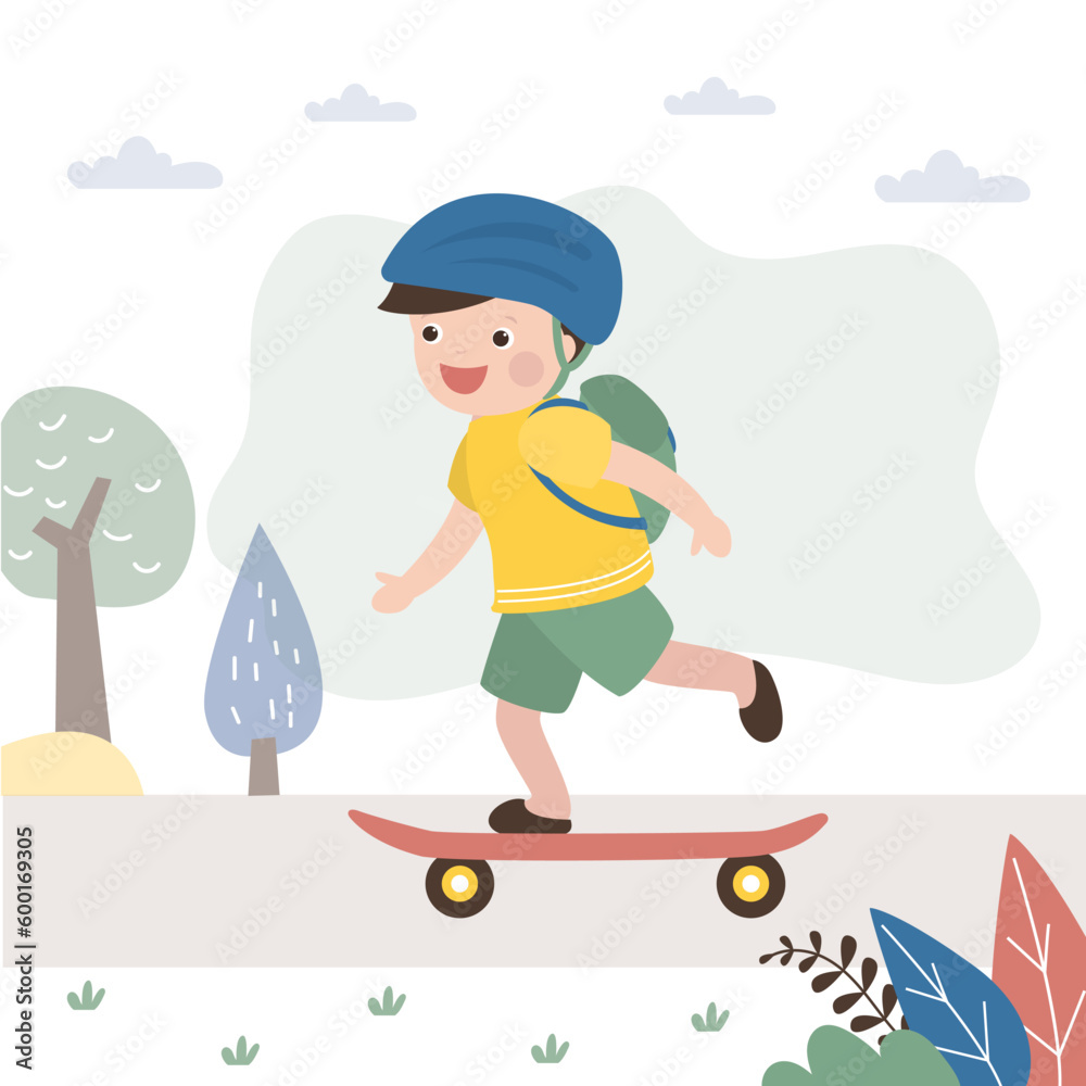 Happy caucasian boy rides skateboard. Extreme sports. Cheerful preschooler learns to skateboard. Small child in helmet and with baby transport. Hobby, sport or entertainment