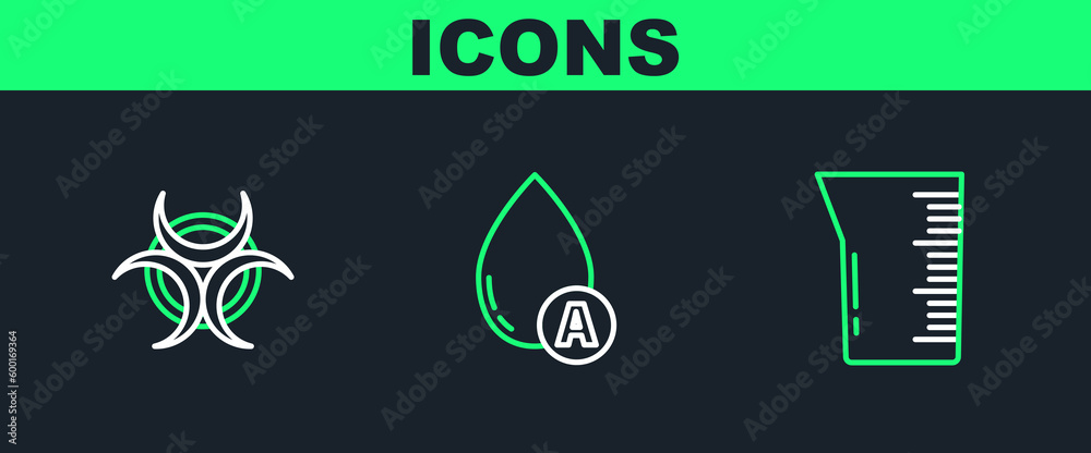 Set line Laboratory glassware or beaker, Biohazard symbol and Water drop icon. Vector Set line Laboratory glassware or beaker, Biohazard symbol and Water drop icon. Vector