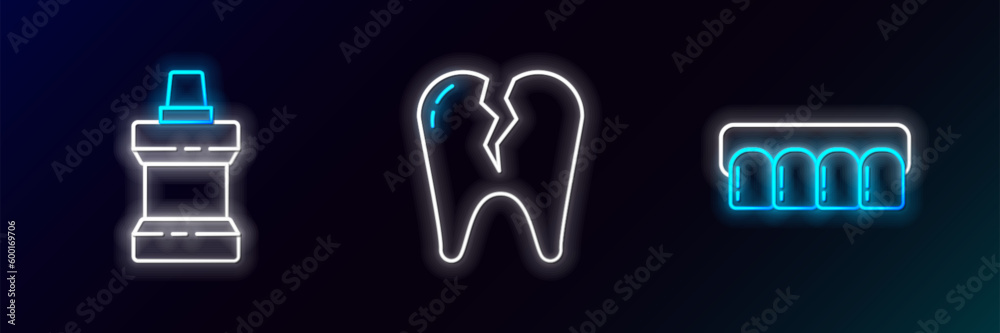 Set line Dentures model, Mouthwash plastic bottle and Broken tooth icon. Glowing neon. Vector Set line Dentures model, Mouthwash plastic bottle and Broken tooth icon. Glowing neon. Vector