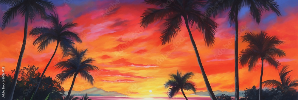 A painting of a tropical sunset with palm trees in the foreground, generative ai
