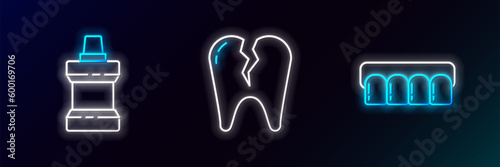 Set line Dentures model, Mouthwash plastic bottle and Broken tooth icon. Glowing neon. Vector