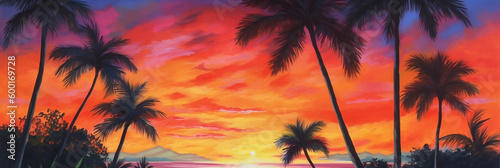 A painting of a tropical sunset with palm trees in the foreground, generative ai © Ash