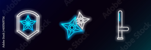 Set line Police rubber baton, badge and Japanese ninja shuriken icon. Glowing neon. Vector