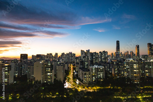 city skyline at sunset in Korea