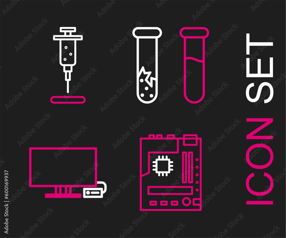Set line Motherboard, Smart Tv, Test tube and flask and Syringe icon. Vector Set line Motherboard, Smart Tv, Test tube and flask and Syringe icon. Vector