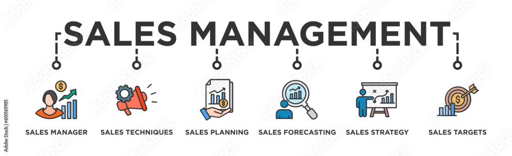 Sales management banner web icon vector illustration concept with icon of manager, sales techniques, planning, strategy, and targets Sales management banner web icon vector illustration concept with icon of manager, sales techniques, planning, strategy, and targets
