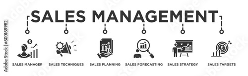Sales management banner web icon vector illustration concept with icon of manager, sales techniques, planning, strategy, and targets