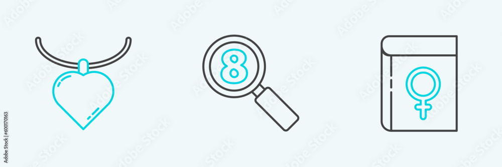 Set line Book about women, Necklace with heart shaped pendant and Search 8 March icon. Vector Set line Book about women, Necklace with heart shaped pendant and Search 8 March icon. Vector
